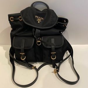 Prada Nylon Leather Small Backpack Gold Hardware Double Tessuto Pocket